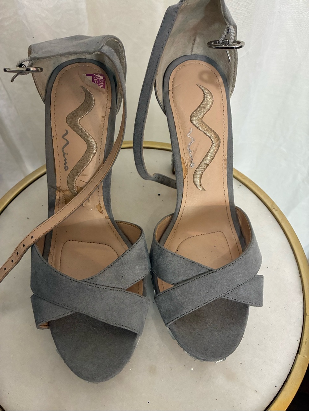 Nina Gray Suede Crisscross Open-Toe Ankle Strap Heels